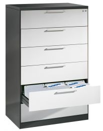 CP Karteischrank, BxTxH 440x600x698 mm, DIN A6, zweibahnig, 4 Schubladen, Bügelgriff, RAL 7035 lichtgrau