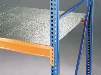 Weitspannregal, Grundfeld, 3 Ebenen mit Stahlpaneelen, Fachlast 670 kg, BxTxH 1785x600x2000 mm, Ständer blau, Holme orange