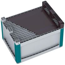 Palettenbox, PP, Volumen 145 Liter, BxTxH 800x600x520 mm, Entnahmeöffnung + Verschlussklappe, Klappdeckel, mit Kufen