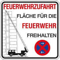 Hinweisschild, Brandschutzkennzeichnung, Feuerwehrzufahrtfläche für die Feuerwehr freihalten , mit Halteverbotszeichen, Alu 2 mm, 500x500 mm