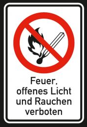 Verbotsschild, Feuer, offenes Licht und Rauchen verboten, Alu gelocht, 300x200 mm