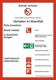 Hinweisschild, Aushang Brände verhüten-Verhalten im Brandfall, Kunststoff langnachleuchtend, 210x297 mm