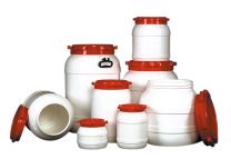 Weithalsfass, PE (HDPE), weiß, Schraubdeckel rot, Volumen 6,4 l, Durchm. 198 mm, Höhe 265 mm, Öffnung 136 mm, VE 2 Stück
