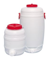 Rundfass aus Polyethylen (HDPE), weiß, mit Tragegriffen + Verschlusskappe, Volumen 30 l, Durchm. 330 mm, Höhe 470 mm, Öffnung 110 mm, VE 2 Stück