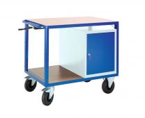 Tischwagen mit 2 Ladeflächen(MDF), höhenverstellbar, fahrbar, 1 Schrank, BxTxH 1160x700x980-1280 mm, RAL 5010/7035