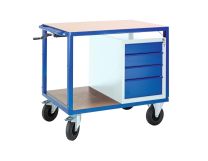Tischwagen mit 2 Ladeflächen(MDF), höhenverstellbar, fahrbar, 4 Schubladen, BxtxH 1160x700x980-1280 mm, RAL 5010/7035