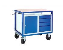 Tischwagen, höhenverstellbar, 1 Schrank, 4 Schubladen, fahrbar, BxTxH 1160x700x980-1280 mm, RAL 5010/7035