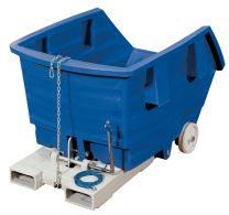 Muldenkippbehälter aus PE, Vol. 0,75 cbm, LxBxH 1650x1150x925 mm, Traglast 250 kg , mit Staplertaschen und Radsatz, Farbe blau