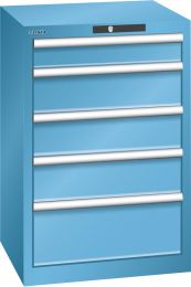 Lista Schubladenschrank, Traglast/Schubl.: 75 kg, 5 Schubladen: 100, 3x150, 200 mm, Zylinderschloss, BxTxH 564x572x850 mm, RAL 5012, 14.256.010