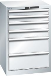 Lista Schubladenschrank, Traglast/Schubl.: 75 kg, 6 Schubladen: 2x75, 2x100, 2x200 mm, Zylinderschloss, BxTxH 564x572x850 mm, RAL 7035, 14.258.020