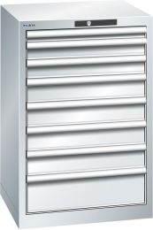 Lista Schubladenschrank, Traglast/Schubl.: 75 kg, 8 Schubladen: 1x50, 2x75, 4x100, 1x150 mm, Zylinderschloss, BxTxH 564x572x850 mm, RAL 7035, 14.250.020