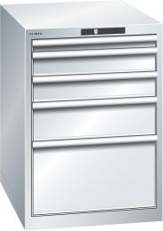 Lista Schubladenschrank, Traglast/Schubl.: 75 kg, 5 Schubladen: 1x50, 2x100, 1x150, 1x300 mm, Zylinderschloss, BxTxH 564x725x800 mm, RAL 7035, 14.368.020