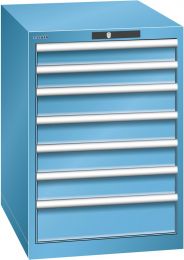 Lista Schubladenschrank, Traglast/Schubl.: 75 kg, 7 Schubladen: 2x75, 4x100, 1x150 mm, Zylinderschloss, BxTxH 564x725x800 mm, RAL 5012, 14.367.010