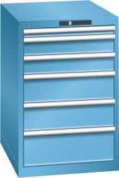 Lista Schubladenschrank, Traglast/Schubl.: 75 kg, 6 Schubladen: 1x50, 2x100, 2x150, 1x200 mm, Zylinderschloss, BxTxH 564x725x850 mm, RAL 5012, 14.407.010