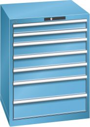 Lista Schubladenschrank, Traglast/Schubl.: 75 kg, 7 Schubladen: 2x75, 3x100, 2x150 mm, Zylinderschloss, BxTxH 717x725x850 mm, RAL 5012, 14.409.010