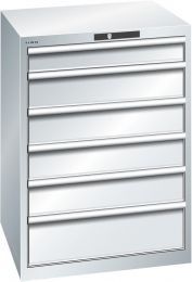 Lista Schubladenschrank, Traglast/Schubl.: 75 kg, 6 Schubladen: 100, 4x150, 200 mm, Zylinderschloss, BxTxH 717x725x1000 mm, RAL 7035, 14.415.020