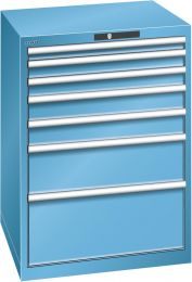 Lista Schubladenschrank, Traglast/Schubl.: 75 kg, 7 Schubladen: 50, 2x75, 2x100, 1x200, 1x300 mm, Zylinderschloss, BxTxH 717x725x1000 mm, RAL 5012, 14.416.010