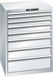 Lista Schubladenschrank, Traglast/Schubl.: 75 kg, 8 Schubladen: 50, 2x75, 2x100, 2x150, 200 mm, Zylinderschloss, BxTxH 717x725x1000 mm, RAL 7035, 14.414.020