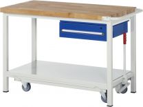 Werkbank mit absenkbarem Fahrgestell, BxTxH 750x700x880 mm, 1 Hängeschublade 150 mm, Platte Buche 40 mm, Ablageboden, RAL 7035/5010