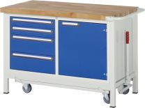 Werkbank mit absenkb. Fahrgest., BxTxH 1250x700x880 mm, 4 Schubl.: 2x90/2x180 mm, 1 Tür 540 mm, 1 Boden, Platte Buche mas. 40 mm, RAL 7035/5010