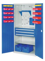 Werkzeugschrank, Türen mit Schlitzplatte, 3 Schubl. + 2 Fachb., BxTxH 1000x600x1950 mm, RAL 7035/5010