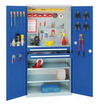 Werkzeugschrank, Türen mit Schlitzplatte, 2 Schubl. + 3 Fachb., BxTxH 1000x600x1950 mm, RAL 7035/5010