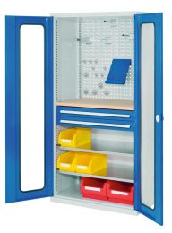 Werkzeugschrank, Türen mit Sichtfenster, 1 Werkbankplatte, 2 Schubl. + 2 Fachb., BxTxH 1000x600x1950 mm, RAL 7035/5010