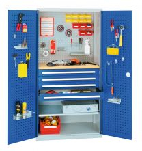 Werkzeugschrank, Türen mit Schlitzplatten, Werkbankplatte, 4 Schubl. + 1 Fachb., BxTxH 1000x600x1950, RAL 7035/5010