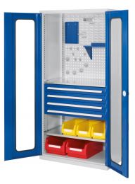 Werkzeugschrank, Türen mit Sichtfenster, 4 Schubl. + 2 Fachb., BxTxH 1000x600x1950 mm, RAL 7035/5010