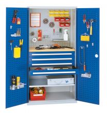 Werkzeugschrank, Türen mit Lochplatte, 1 Platte, 4 Schubl. + 1 Fachb., BxTxH 1000x600x1950 mm, RAL 7035/5010