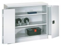 Falttürenschrank, Vollblechtüren, 2 verzinkte Böden, BxTxH 1500x500x1000 mm, RAL 7035