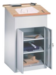 Stehpult, geschlossene Schrank-Ausführung, 2 feste Böden, fester Pultaufsatz, BxTxH 700x600x1100/1200 mm, RAL 7035