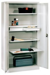 Werkzeugschrank, Vollblechtüren, 2 beschichtete Böden, 2 Ausziehb., 2 Schubladen 75 mm, BxTxH 1000x500x1950 mm, RAL 7035