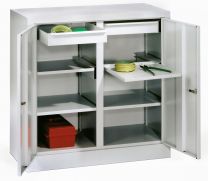 Werkzeugschrank, Vollblechtüren, einz. abschl.bar, Mitteltrennwand, je 2 Böden, ausziehb. Böden und Schubladen 75 mm, BxTxH 1000x500x1000 mm, RAL 5010
