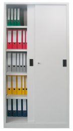 Schiebetürenschrank, Vollblechtüren, 8 verzinkte Böden, mit Trennwand, BxTxH 1500x400x1950 mm, RAL 7035