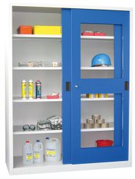 Schiebetürenschrank, Sichtfenstertüren, 8 verzinkte Böden, mit Trennwand, BxTxH 1500x600x1950 mm, RAL 7035/5010