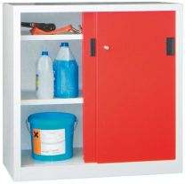 Schiebetürenschrank, Vollblechtüren, 2 verzinkte Böden, ohne Trennwand, BxTxH 1000x400x1000 mm, RAL 7035/3000