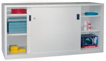 Schiebetürenschrank, Vollblechtüren, 4 verzinkte Böden, mit Trennwand, BxTxH 2000x400x1000 mm, RAL 7035