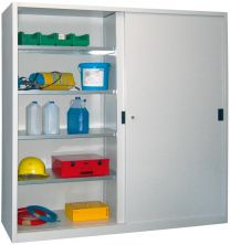 Schiebetürenschrank, Vollblechtüren, 8 verzinkte Böden, mit Trennwand, BxTxH 2000x400x1950 mm, RAL 7035