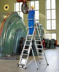 Zarges Teleskop-Plattformleiter, Plattformhöhe verstellbar bis 2350 mm, Arbeitshöhe max. 4,35 m, Sprossenanzahl 2x9, Plattform 665x440 mm, Gewicht 38,5 kg, 41327