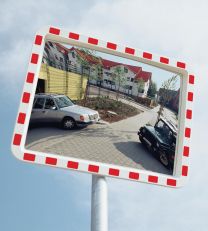 Verkehrsspiegel, wetterfester Kunststoffrahmen, Spiegelfläche Acrylglas, rot reflektierender Blickfangrand, mit Halterung, BxH 1000x800 mm