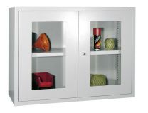 Hängeschrank, 2 Sichtfenstertüren, Rückwand glatt, 1 verstellbarer Boden, Zylinderschloss, BxTxH 800x300x600 mm, RAL 7035