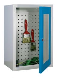 Hängeschrank, 1 Sichtfenstertür, Rückwand gelocht, 1 verstellbarer Boden, Zylinderschloss, BxTxH 400x300x600 mm, RAL 7035/5015