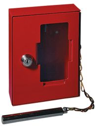 Notschlüsselkasten mit Klöppel, 2 Haken, auswechselbare Glasscheibe, Zylinderschloss, BxTxH 120x32x150 mm, rot