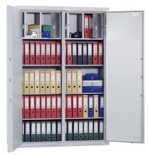 Feuergeschützter Stahlschrank, Sicherheitsstufe S1, BxTxH 1500x550x1950 mm, Volumen 1180 l, Trennwand, 2x4 Böden, 2-türig, RAL 7035 lichtgrau