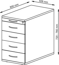 Hammerbacher Standcontainer, BxTxH 428x800x720-760 mm, 1 Utensilienschub, 4 Schubladen, Schloss, buche, SC50/6/6/SG