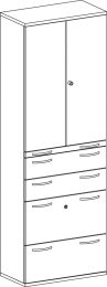 Büro-Flügeltürenschrank, BxTxH 800x425x2304 mm, 6 OH, 3 OH Holztüren, 2 Böden, 2 Schubladen, 2 Hängeregistraturen, Schloss, ahorn