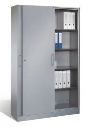 CP Schiebetürenschrank, BxTxH 1200x435x1980 mm, 4 lackierte Böden, Korpus Stahl RAL 9006 weißalu, Türen RAL 9006 weißalu