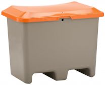 Cemo Streugutbehälter 200 l, Außenmaß BxTxH 890x600x690 mm, mit Entnahmeöffnung, mit Staplersockel, Korpus grau, Deckel orange, 10568