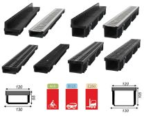 JeCo - Entwässerungsrinne 55 / 105 mm Kunststoff, Gusseisen, Edelstahl, Schlitz-Kunststoff, Stahl verzinkt (A15, B125, C250)